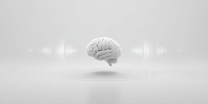 Floating brain surrounded by sound waves in a white space