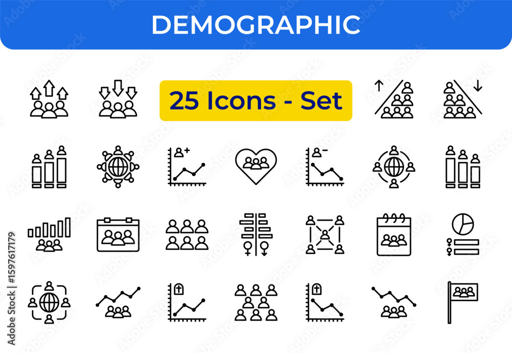 Poster demographic population statistics line art icons set with simple data graph elements and group of pe