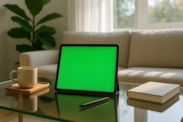 Minimalist Night Desk Scene with Glowing Blue Backlight and Green Screen Laptop