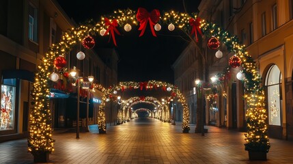 Magical festive street adorned with twinkling lights and ornaments creates enchanting holiday atmosphere