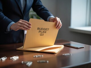 Executive opens a budget plan folder on the desk