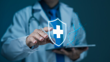 Doctor Presenting Digital Health Protection Shield and Medical Data