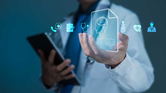 Doctor Presenting Digital Medical Record with Mental Health and Healthcare Icons
