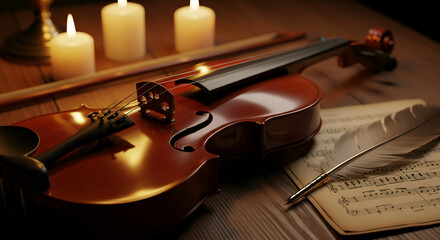 Fototapeta premium Vintage Violin with Quill, Sheet Music, and Candles for Composition
