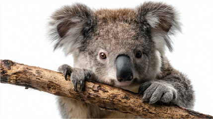 Obraz premium Gentle Gaze: A captivating portrait of a koala, its soft fur and soulful eyes conveying a sense of calm, hangs gently onto a branch