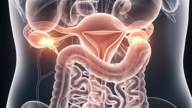 Human Anatomy 3D Rendering of Torso with Highlighted Digestive and Reproductive System