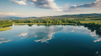 Fototapeta premium Serene lakeside view with vibrant green trees reflecting in the calm water under a partly cloudy sky.