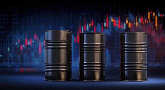 Three black oil barrels against a backdrop of financial charts