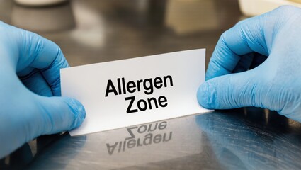 Hands in Blue Gloves Holding Allergen Zone Sign in Kitchen Environment for Safety Awareness