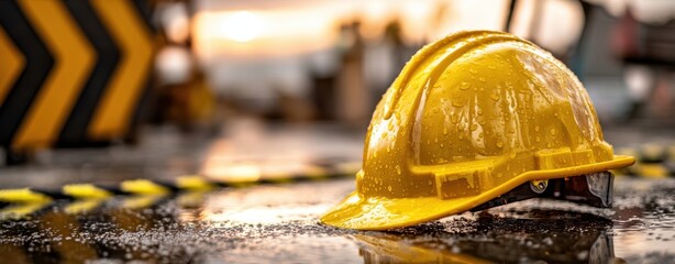 The yellow construction helmet glistening after rain on a job site.