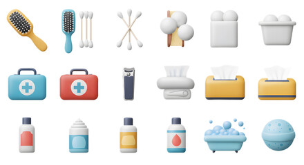 Fototapeta premium Collection of Hairbrushes Cotton Swabs Tissues Soap Bottles and Bath Accessories in Bright Colors