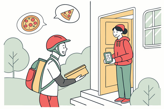 Food Delivery Person Handing Pizza to Customer.