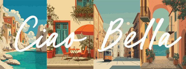 Italy vintage style travel poster set. Collection of scenic art deco retro tourism illustrations