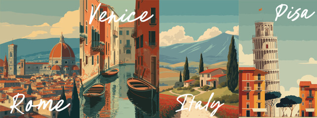Plakat Italy vintage style travel poster set. Collection of scenic art deco retro tourism illustrations