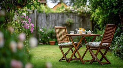 Obraz premium A serene garden scene with a wooden table set for tea, featuring two chairs surrounded by blooming flowers.