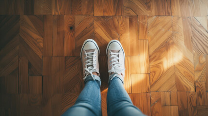 Person standing on a patterned wooden floor wearing sneakers and jeans looking downwards from above.