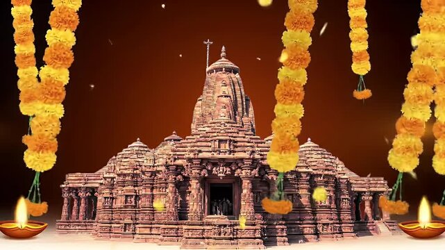Graceful animation of Pandharpur temple glowing softly at night, marigold torans (garlands) swaying gently with flickering diyas around