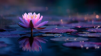 Lotus bloom peacefully with petals in tranquil water creating sense of peace and serenity, balance. .