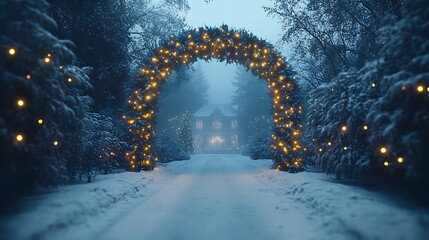 Festive winter scene of a decorated archway leading to a snowy house with lights