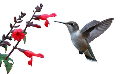 Hummingbird hovering gracefully to drink nectar from vibrant red flowers isolated on transparent background