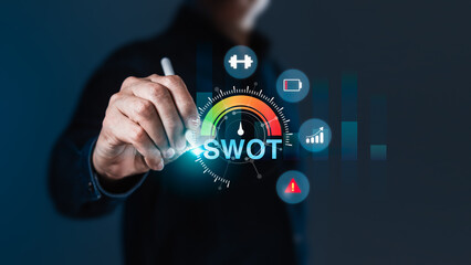 Businessperson Pointing to SWOT Analysis Meter - Strategic Performance Evaluation