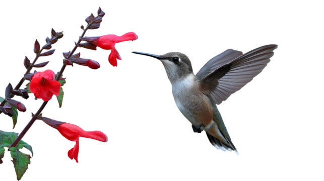 Hummingbird hovering gracefully to drink nectar from vibrant red flowers isolated on transparent background
