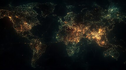 Fototapeta premium Vibrant world map glowing with city lights and global network connections at night