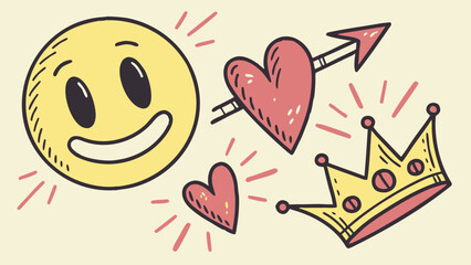 A cheerful yellow smiley face surrounded by playful hearts and a crown, embodying joy and love.