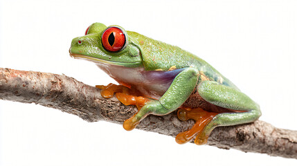 Obraz premium Emerald Arboreal Frog Perched on Branch: A vibrant emerald arboreal frog, with striking red eyes, is perched gracefully on a slender branch, showcasing the beauty of nature's design.