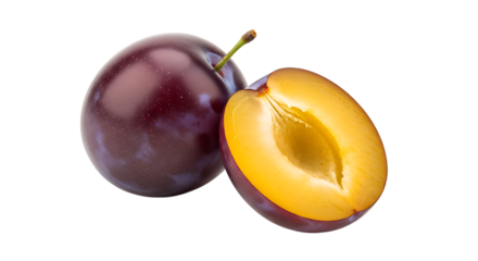 Ripe plums one whole and one halved showing juicy yellow flesh isolated on transparent background
