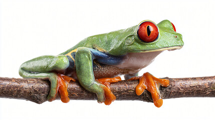 Obraz premium Emerald Jewel: A vibrant close-up of a Red-Eyed Tree Frog perched serenely upon a branch. The frog's striking red eyes and vivid green skin are a true marvel of nature's artistry.