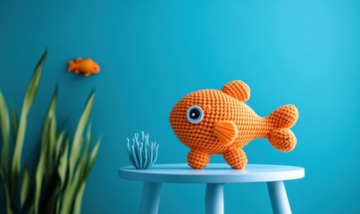 A charming handcrafted orange fish with big blue eyes and details sits on a small stool, against a turquoise backdrop.