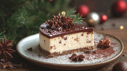 Indulgent chocolate cheesecake slice with festive star anise and pine garnish, perfect for holidays