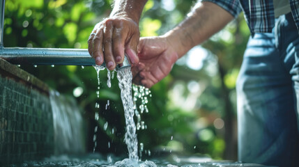 Hands turning on a tap outdoors, water flowing, lush greenery background, natural setting, sustainability