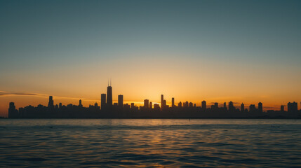 Naklejka premium City skyline silhouette against a vibrant sunrise over water, capturing urban beauty and tranquility.