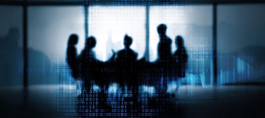 Business meeting in a modern office with binary code overlay