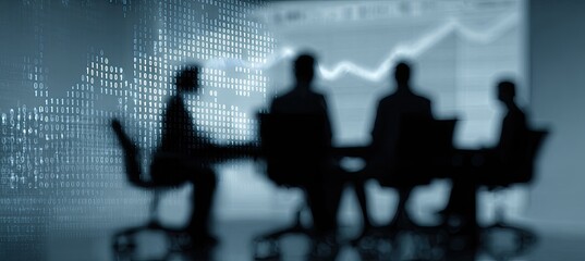 Business meeting in front of a large screen displaying financial data
