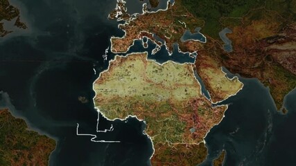 A world map with continents and oceans and red and green markers in the eurasia region