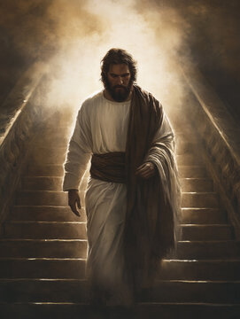 Risen Jesus Christ Walking Down Illuminated Steps in Heavenly Light