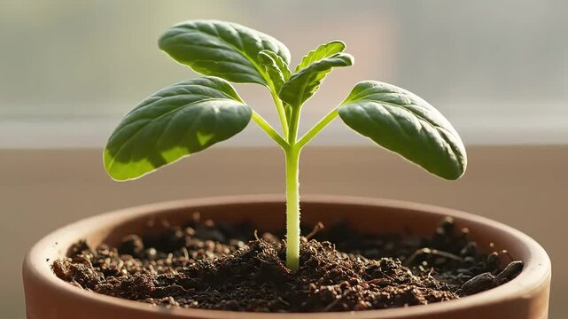 Time-lapse of a plant growing from a seedling to a mature plan