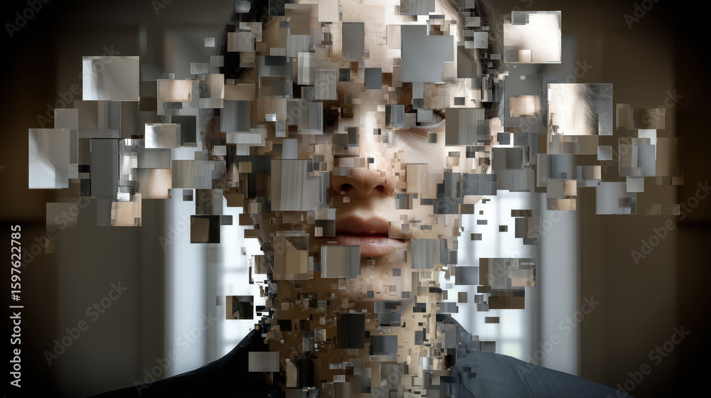 Poster this captivating abstract image explores the themes of digital fragmentation and human identity, ble