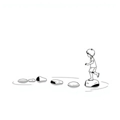 A child skipping stones across a calm pond