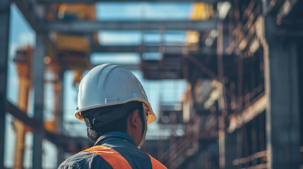 Construction worker in hard hat observes progress on a large construction site with steel structures.