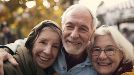 Three smiling elderly friends embrace outdoors, celebrating life's joys and enduring companionship together.