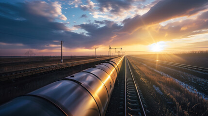 Railway transport glistens under a radiant sunset, embodying industrial connectivity and picturesque scenery.
