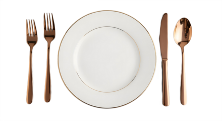 Elegant place setting with white plate and rose gold cutlery on gray table transparent background , no background