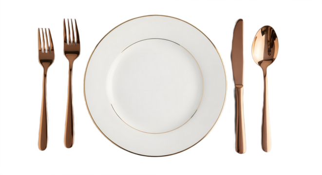 Elegant place setting with white plate and rose gold cutlery on gray table transparent background , no background