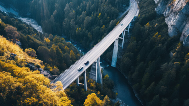 Elevated highway bridge spans a forest gorge, connecting mountainsides with modern transport and nature.