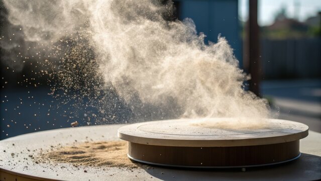 Dust cloud erupting from a pottery wheel in bright sunlight