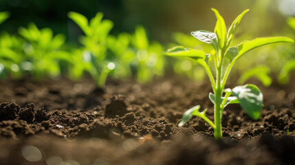 Young plant growing in a cultivated field, symbolizing new beginnings and the growth of life.